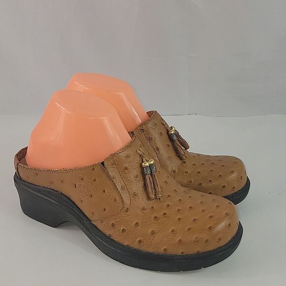 Ariat Ostrich Print Tan Leather Women's Clogs - Picture 1 of 13